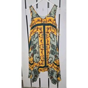 One World Sleeveless Yellow Floral Embroidered Boho V-Neck Lined Dress Medium
